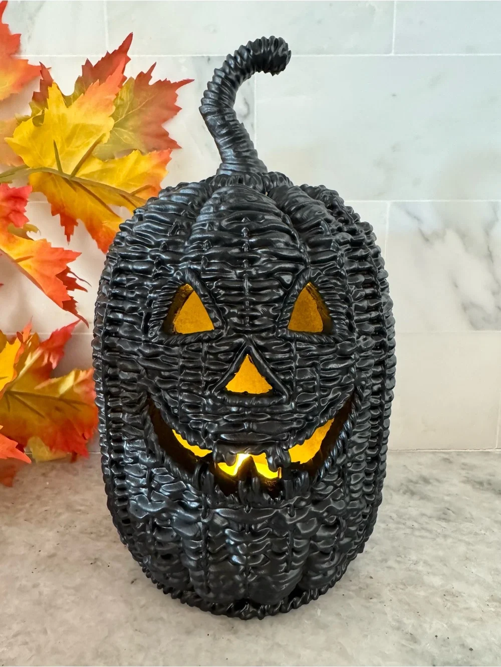 New Halloween RESIN Faux Wicker Black Jack-o'-Lantern Pumpkin w/ Tea Light - 8